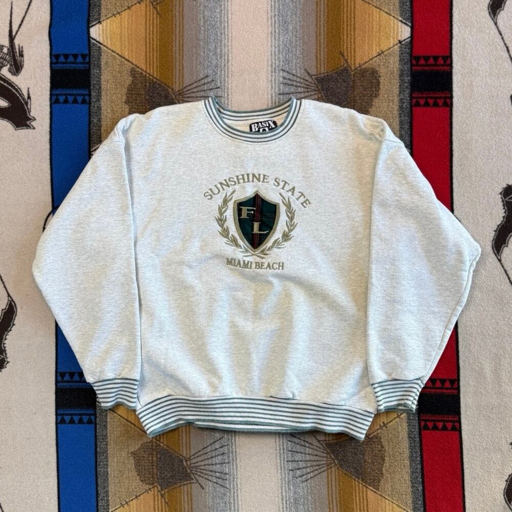 Vintage 90s Miami Beach Florida Embroidered Crewneck Sweatshirt Size Large USA